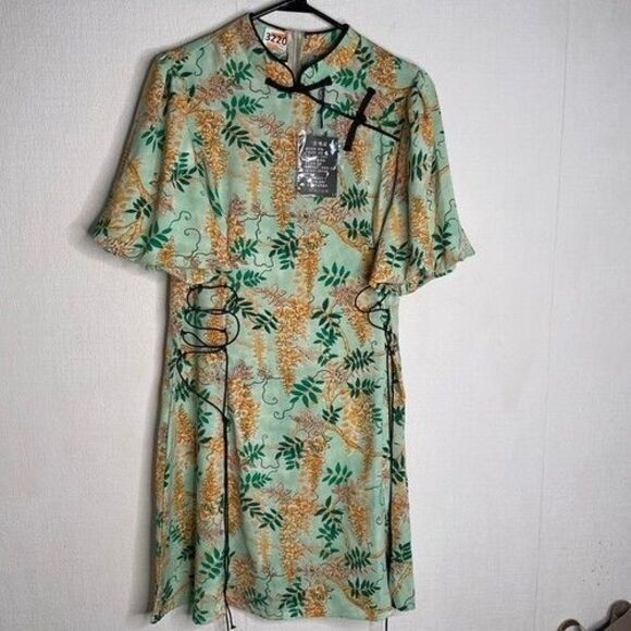NWT Vogue Fashion Side Lace Up Midi Dress Women Size Large Green/Lemon Floral - Picture 1 of 10